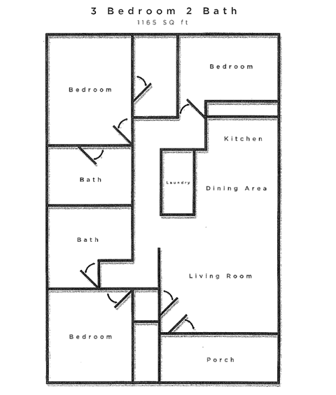 Floor plan for 3 beds, 2 baths, 1162 sqft
